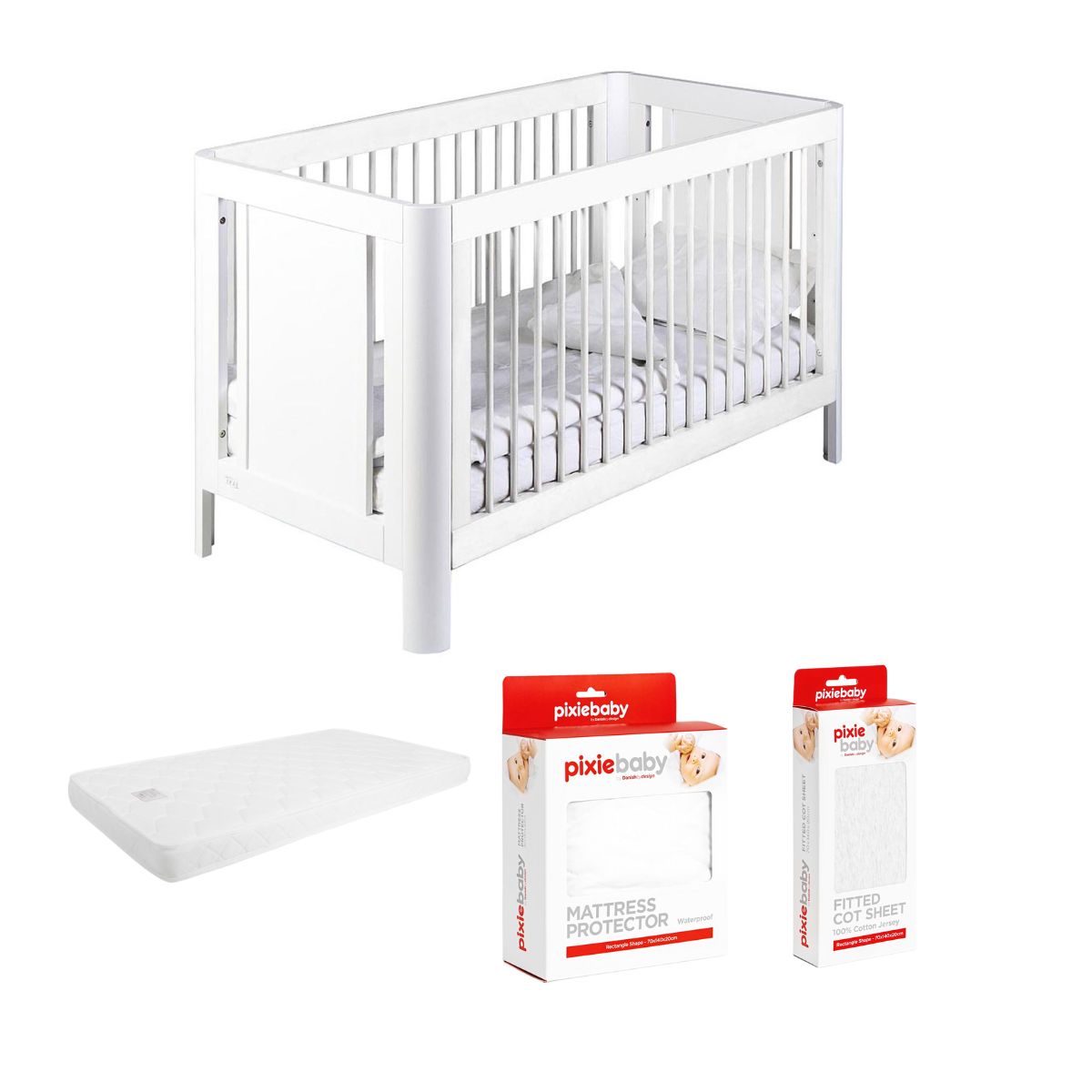 Troll Sun Cot Bundle - White Cot, Mattress, Mattress Protector and Cot Sheets Grey