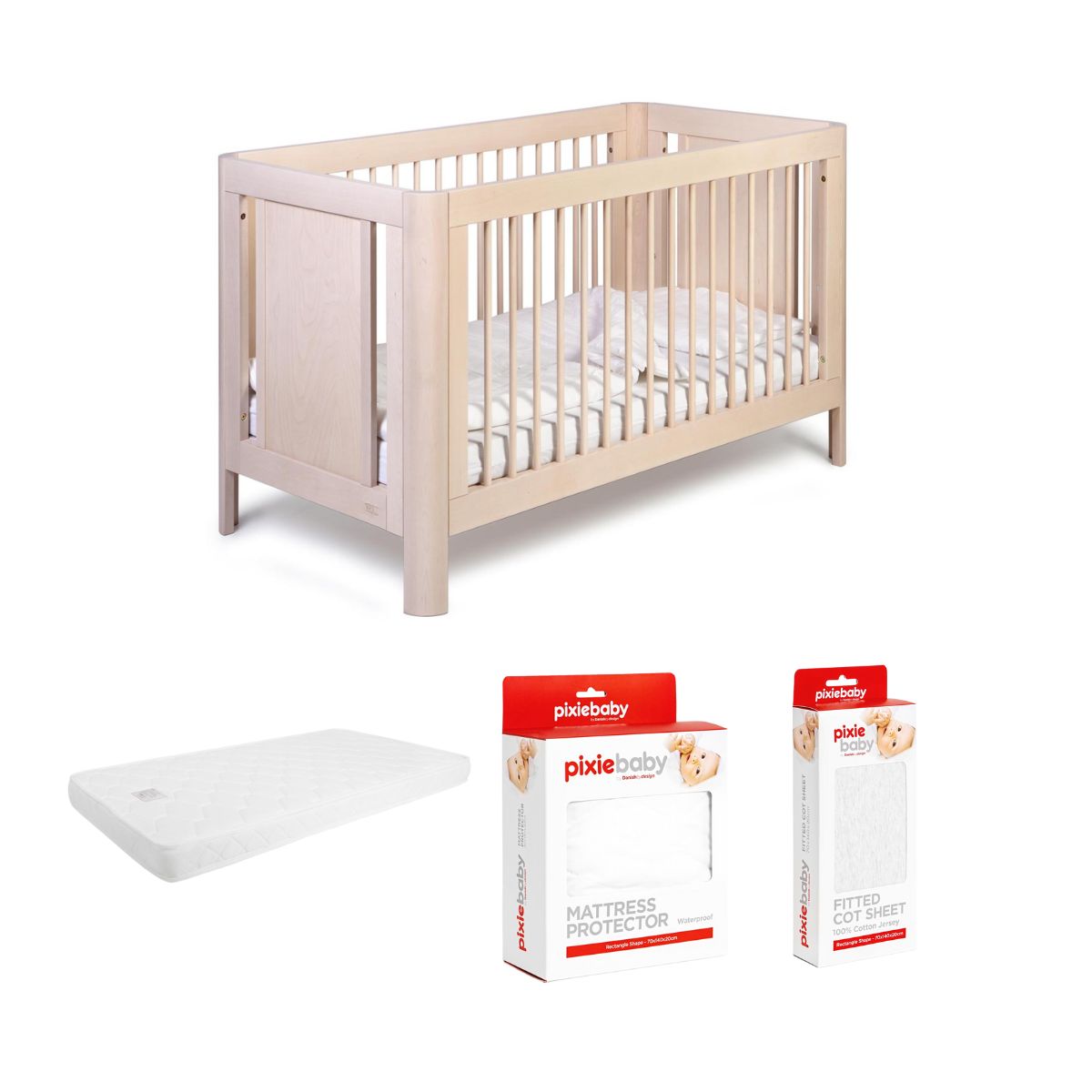 Troll Sun Cot Bundle - Whitewash Cot, Mattress, Mattress Protector and Cot Sheets Grey